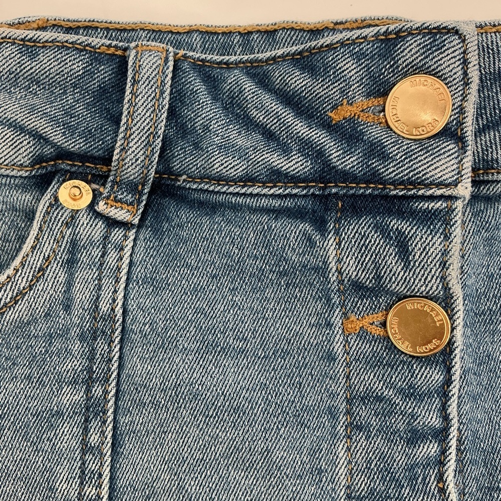 Michael Kors Blue Denim Gold Button Mini Skirt Size 10 - Picture 2 of 7